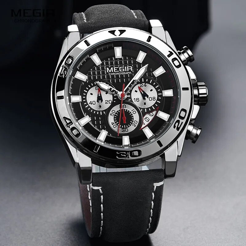 MEGIR Men's Army Sports Chronograph Quartz Watches Leather Strap Luminous Waterproof Wristwatch Man Relogios Clock 2094 Silver - bertofonsi