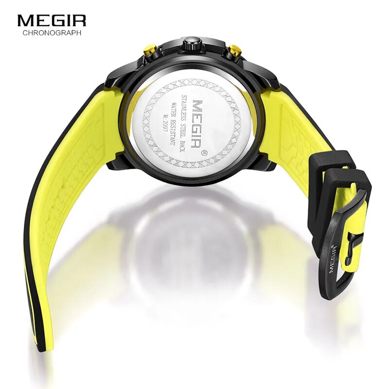 Megir Men's Black Silicone Strap Quartz Watches Chronograph Sports Wristwatch for Man 3atm Waterproof Luminous Hands 2097 Yellow - bertofonsi