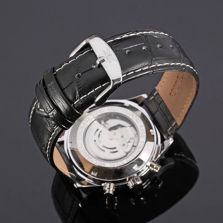 Fashion Jaragar Top Brand Automatic Mechanical Self-wind Sport Thin Case Calendar 24 Hour Week Dial Real Leather Men Wrist Watch - bertofonsi