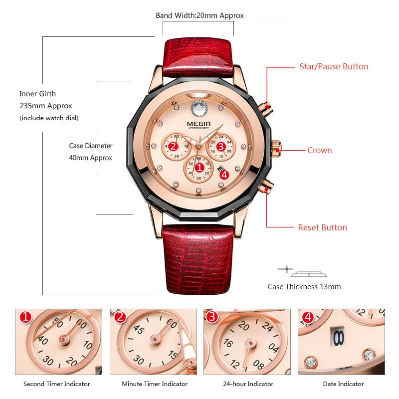 Megir Fashion Quartz Watch Women Luxury Chronograph Wrist Watch Lady Red Genuine Leather Strap Waterproof Relogio Femininos 2042 - bertofonsi