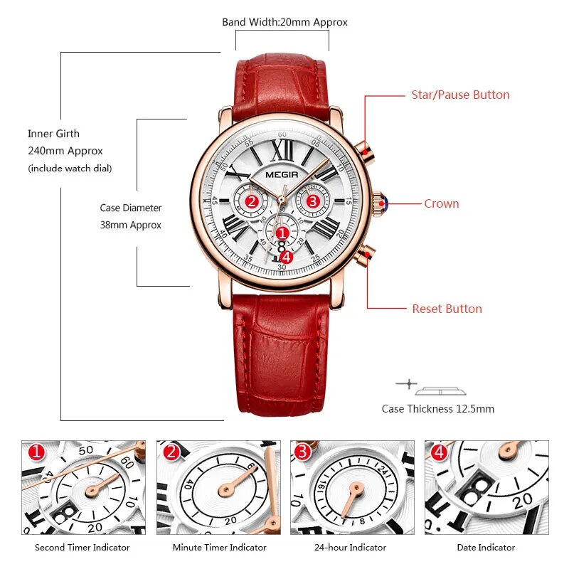 Megir 24 Hours Display Chronograph Analogue Quartz Watch for Lady Girl Women's Fashion Waterproof Red Leather Strap Wristwatch - bertofonsi