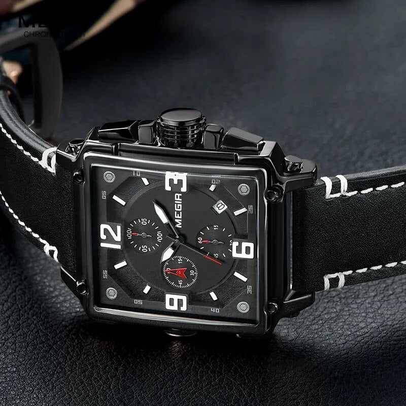MEGIR Men's Sports Chronograph Wrist Watch for Men Army Leather Square Quartz Stop Watch Clock Man Relogios Masculino 2061Black - bertofonsi
