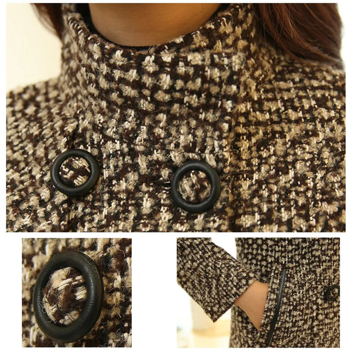 New Women's Wool Blends Coat Winter 2023 Autumn Fashion Elegant Mother Turtleneck Plaid Slim Long Tweed Woolen Outerwear Female - bertofonsi