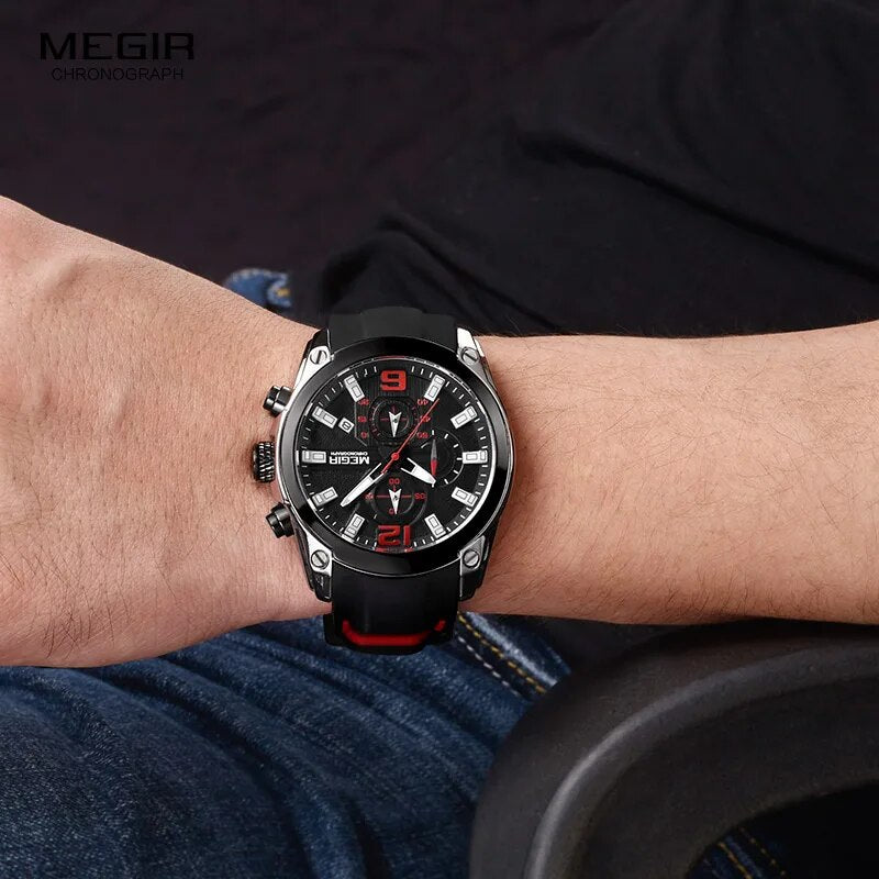 Megir Men's Chronograph Analogue Quartz Watches Fashion Rubber Strap Sport Wristwatch with Luminous Hands for Boys 2063GS-BK-1 - bertofonsi