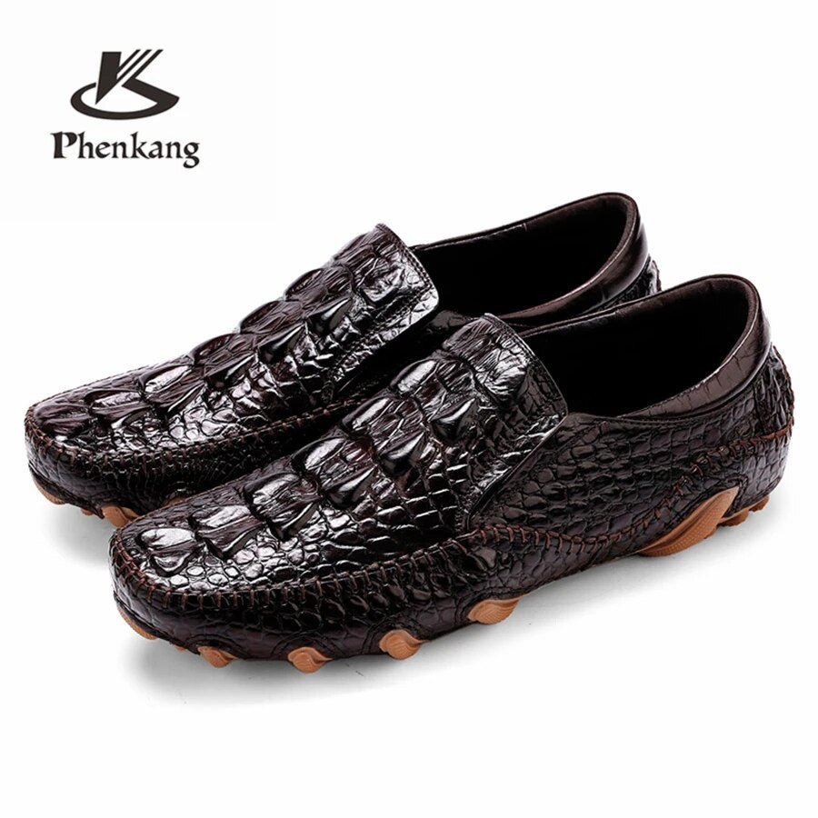 Phenkang Men Leather Summer Alligator Texture Slip-On Casual Shoes Male loafers Mens Coffee Men's Loafers Driving Shoes - bertofonsi