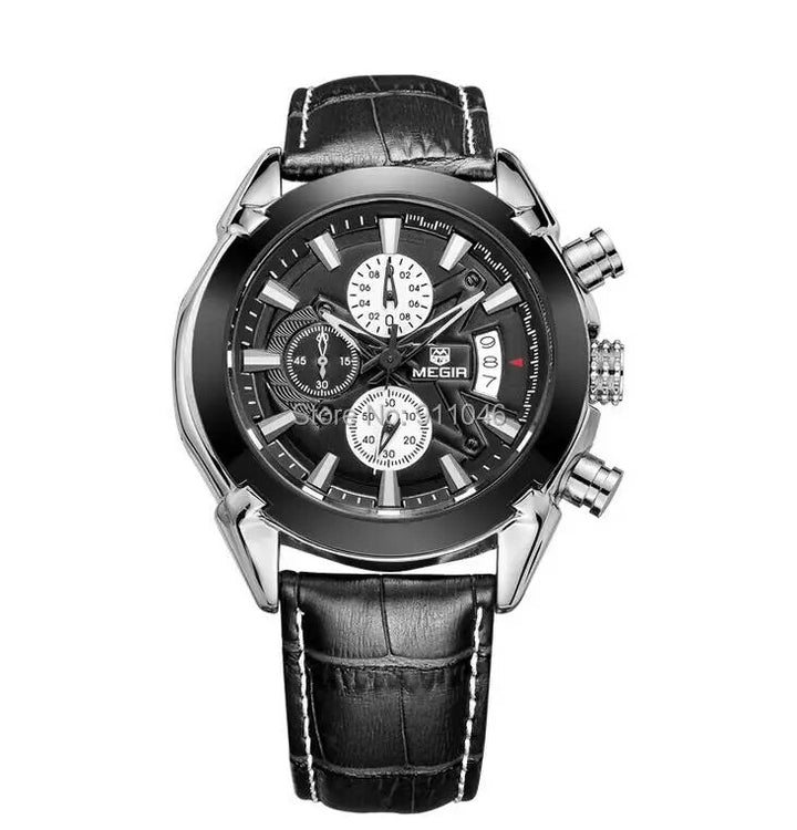 High Quality MEGIR Chronograph Function Mens Watches Genuine Leather Luxury Mens Brand Military Wristwatches - bertofonsi