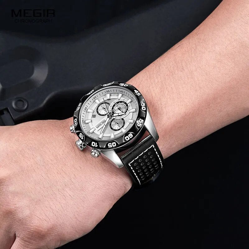 Megir Men's Military Sports Watches Leather Strap Top Brand Chronograph 3 Bar Waterproof Luminous Wrist Watch Man 2096G White - bertofonsi