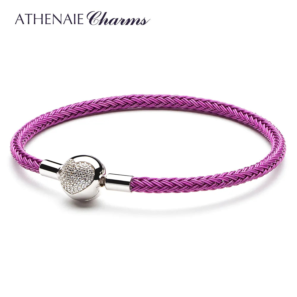 ATHENAIE Colorful Wire Charms Bracelet with 925 Sterling Silver CZ Love Heart Clasp for Women Fit Charm Beads DIY Gift - bertofonsi