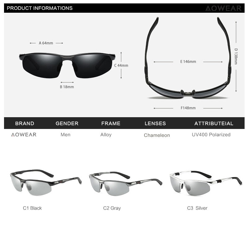 AOWEAR Photochromic Sunglasses Men Polarized Day Night Driving Glasses High Quality Aluminium Rimless Chameleon Eyewear Gafas - bertofonsi