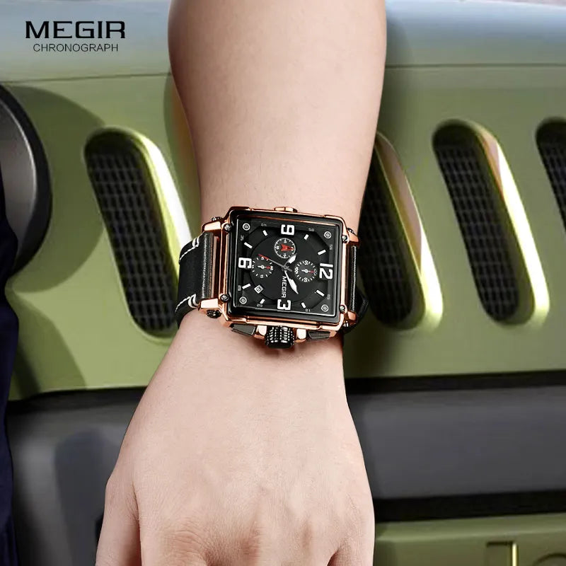 Megir Leather Strap Army Chronograph Quartz Wrist Watches Men Square Sports Stop Watch Man Clock Relogios Masculino 2061 Rose - bertofonsi