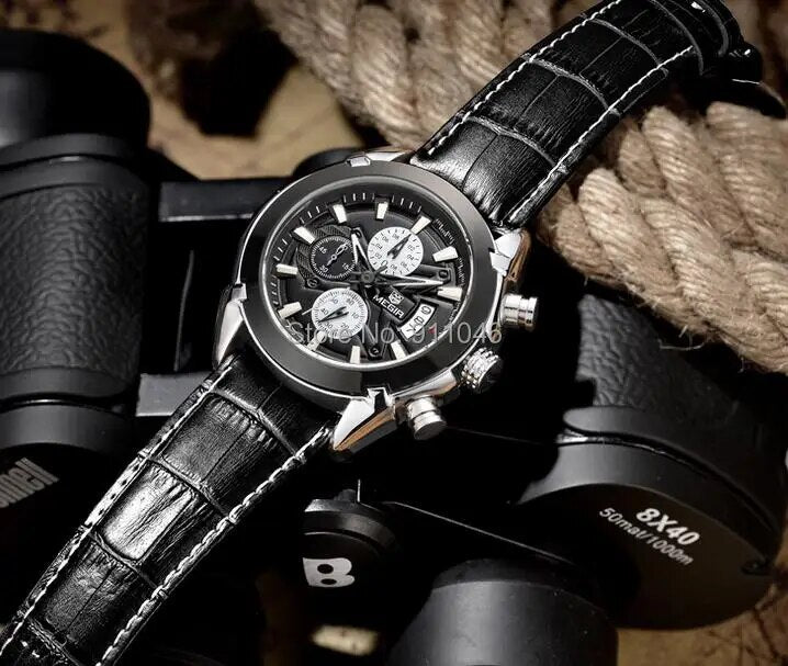 High Quality MEGIR Chronograph Function Mens Watches Genuine Leather Luxury Mens Brand Military Wristwatches - bertofonsi