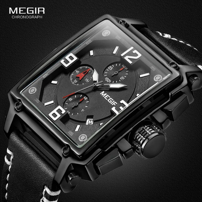 MEGIR Men's Sports Chronograph Wrist Watch for Men Army Leather Square Quartz Stop Watch Clock Man Relogios Masculino 2061Black - bertofonsi