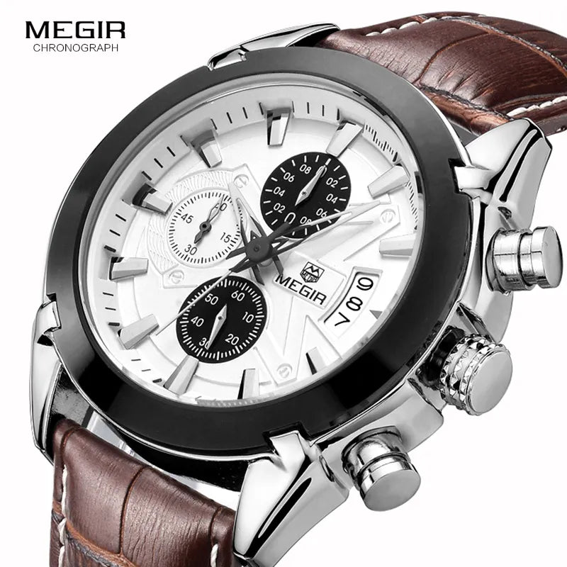 Megir Leather Watch Men 2019 Top Brand Luxury Quartz Watch Military Chronograph Waterproof Watches reloj relogio masculino 2020 - bertofonsi