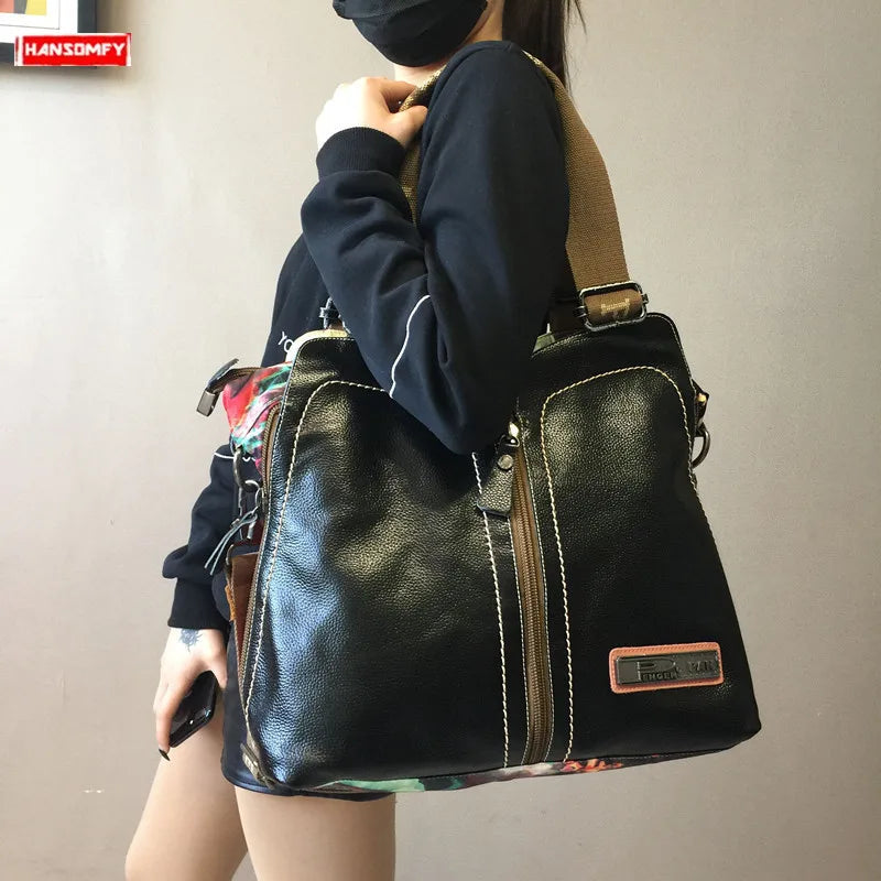 2024 new original Women handbags female fashion crossbody bag printing shoulder canvas bag portable slung genuine leather bags - bertofonsi