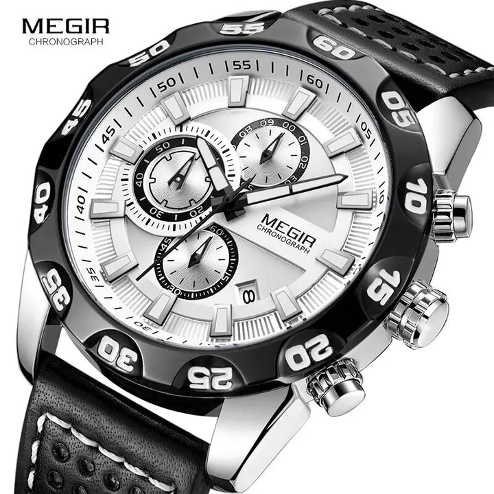 Megir Men's Military Sports Watches Leather Strap Top Brand Chronograph 3 Bar Waterproof Luminous Wrist Watch Man 2096G White - bertofonsi