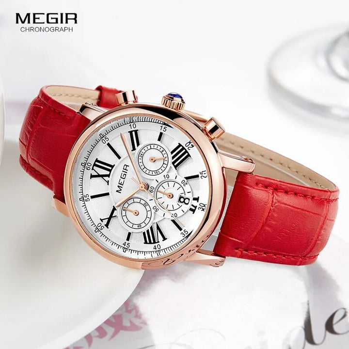 Megir 24 Hours Display Chronograph Analogue Quartz Watch for Lady Girl Women's Fashion Waterproof Red Leather Strap Wristwatch - bertofonsi