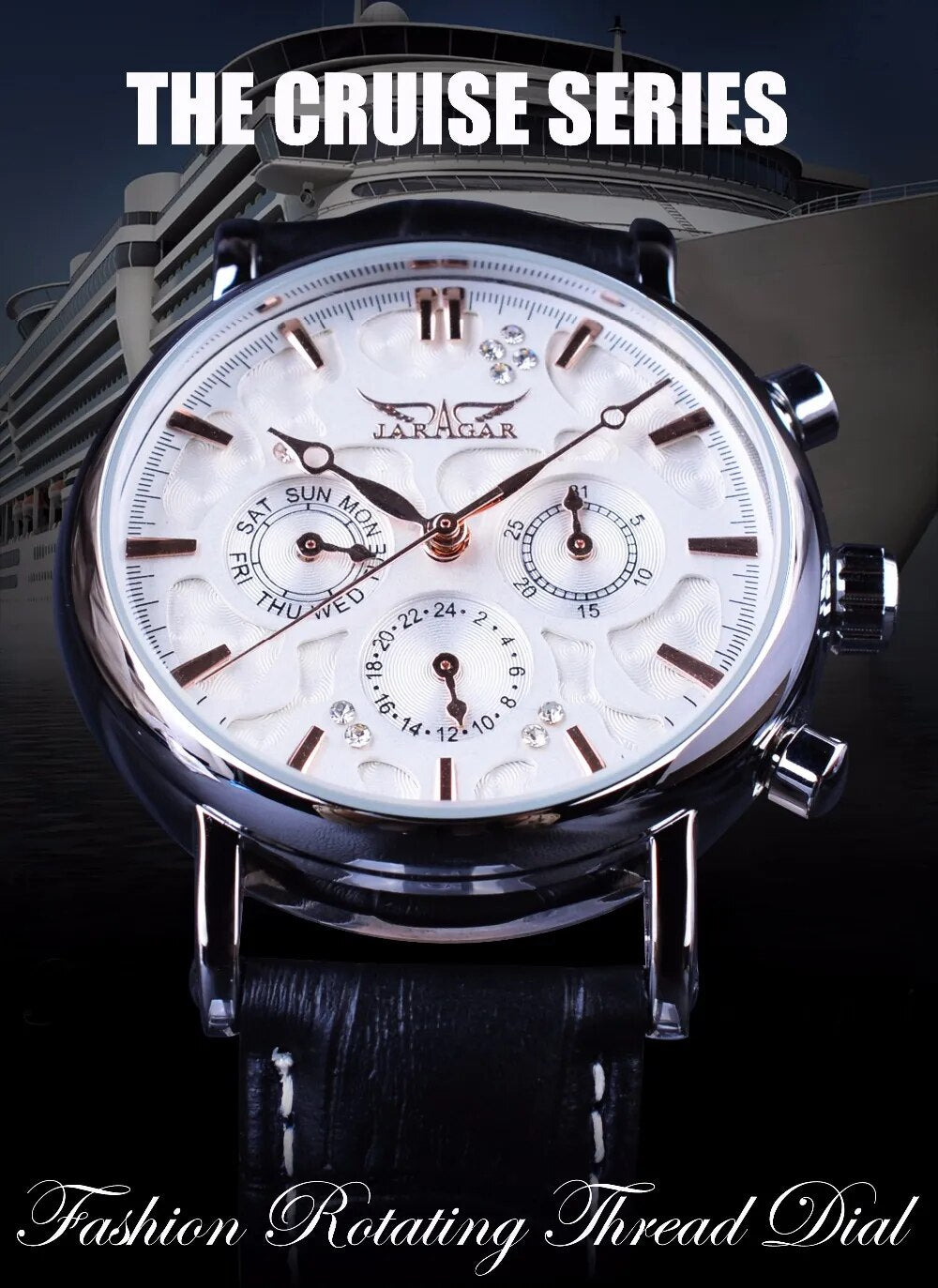 Jaragar 3 Dial Diamond Display Genuine Leather Strap Ripple Design Men Watches Top Brand Luxury Mechanical Automatic Watch Clock - bertofonsi