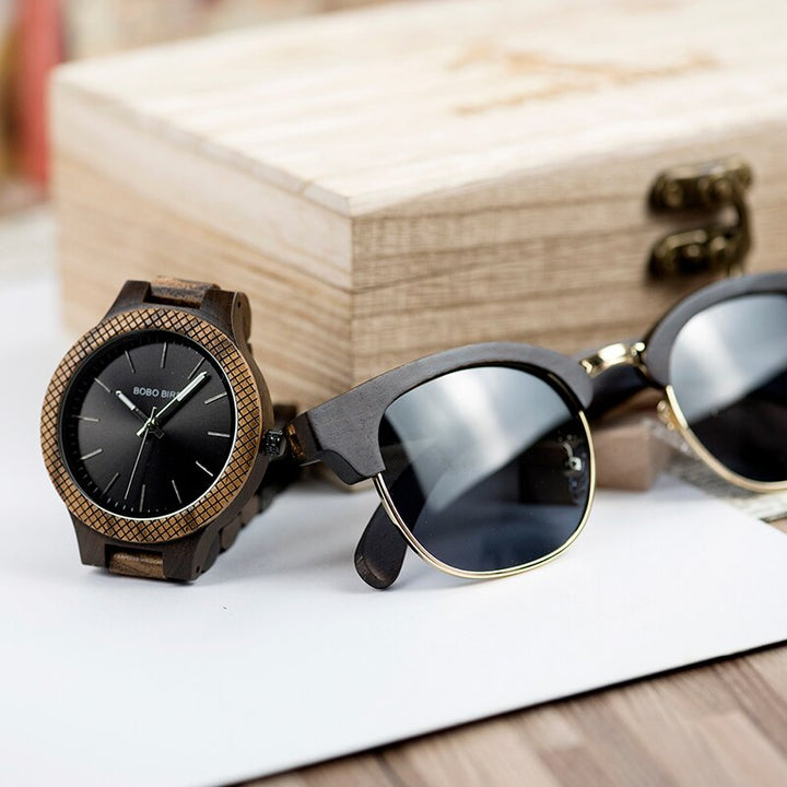 BOBO BIRD Men's Watch Sunglasses Set Wooden Timepieces Japan Movement Quartz Watches Men Great Gift reloj hombre - bertofonsi