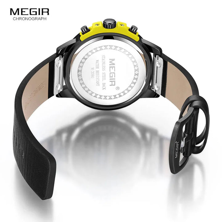 MEGIR 24 Hours Chronograph Quartz Watches Waterproof Casual Leather Wristwatch for Man Luminous Hands Sports Watch 2080 Yellow - bertofonsi