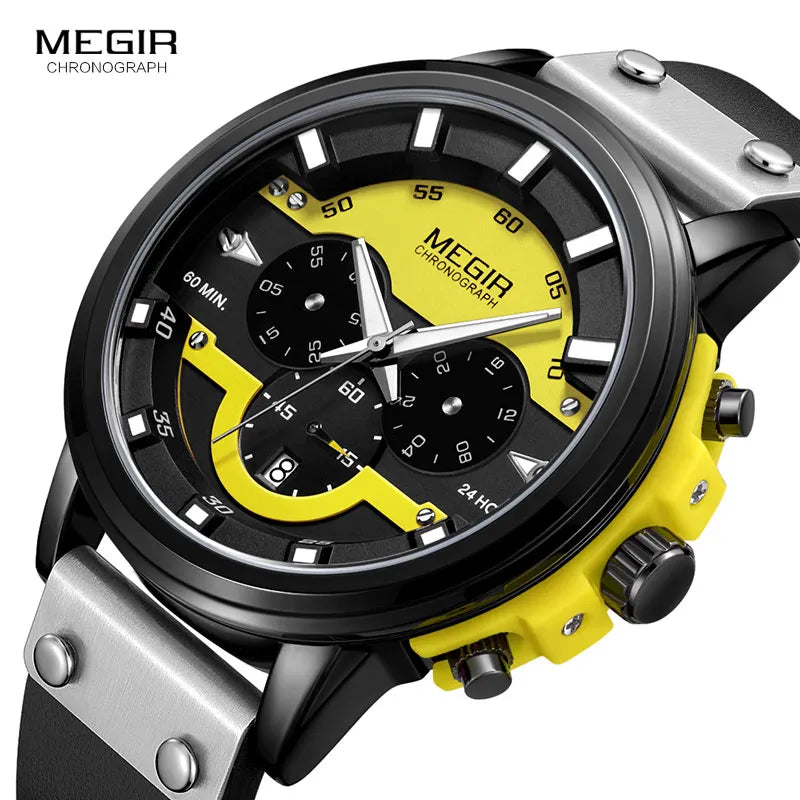 MEGIR 24 Hours Chronograph Quartz Watches Waterproof Casual Leather Wristwatch for Man Luminous Hands Sports Watch 2080 Yellow - bertofonsi