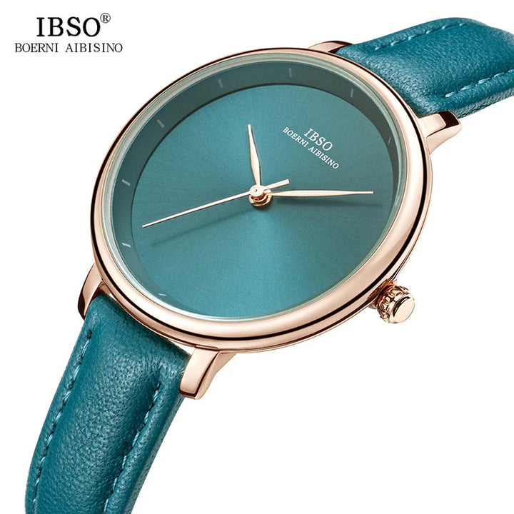 IBSO New Brand Fashion Simple Women Watches 2021 Green Genuine Leather Strap Ladies Quartz Watch Female Waterproof Montre Femme - bertofonsi