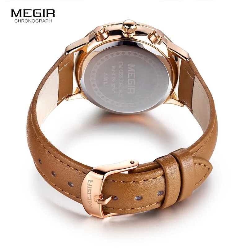 Megir Chronograph Date Indicator Brown Leather Strap Quartz Wrist Watch for Women Ladies Fashion Gold Rose Wristwatch ML2011L-2 - bertofonsi