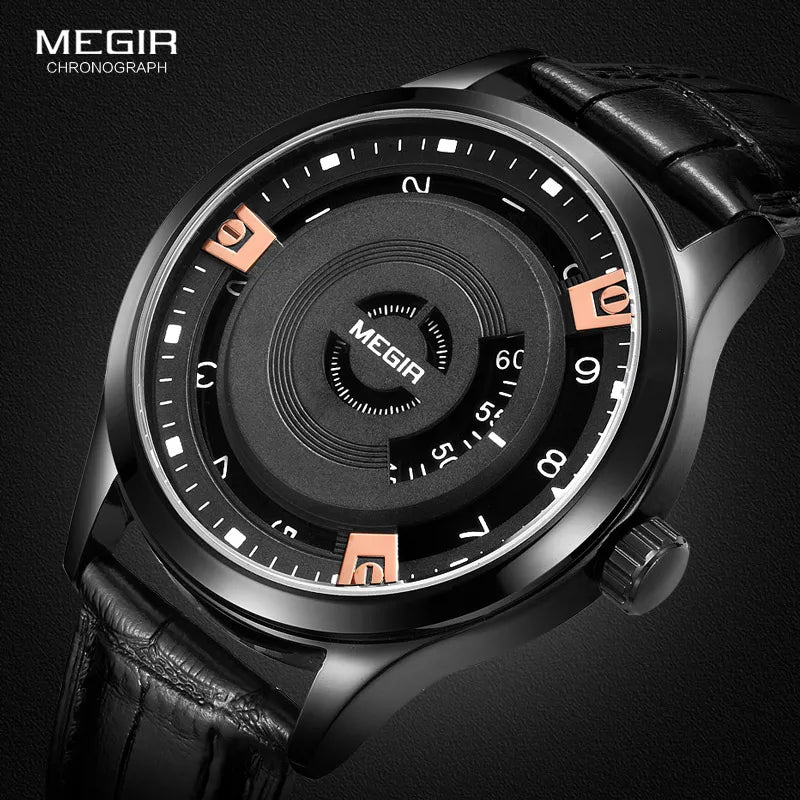 Megir Mens Fashion Black Leather Quartz Wristwatches Hot Water Resistant Battery Quartz Watch for Man Male1067 - bertofonsi