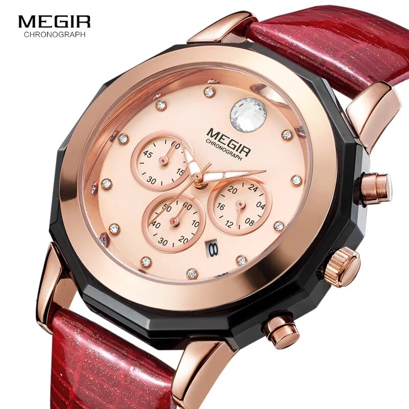 Megir Fashion Quartz Watch Women Luxury Chronograph Wrist Watch Lady Red Genuine Leather Strap Waterproof Relogio Femininos 2042 - bertofonsi