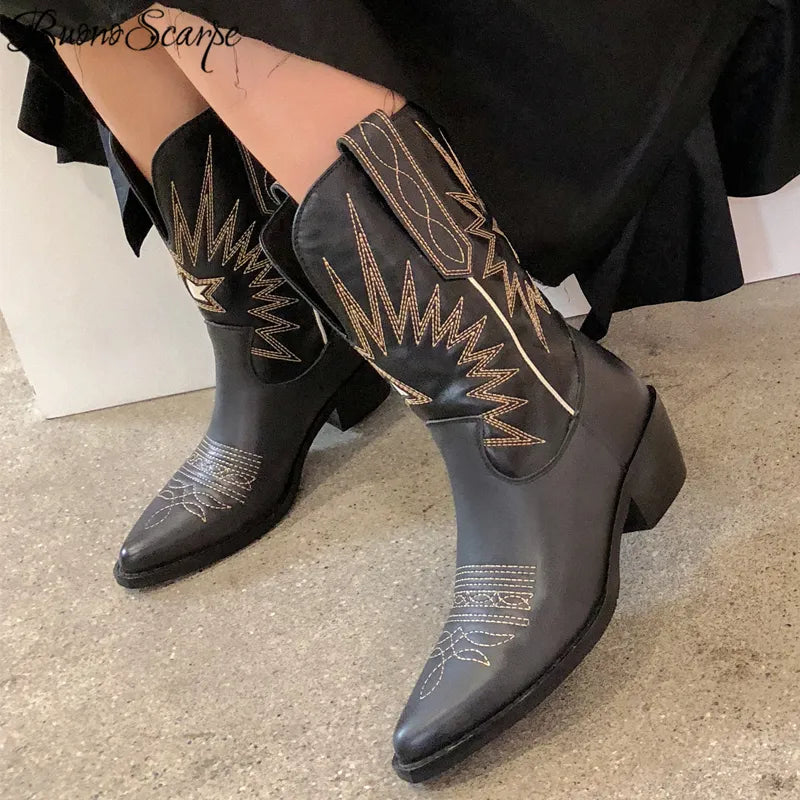 Buono Scarpe Embroider Women Boots Med Heels Retro Knight Boots Female Genuine Leather Botas Mujer Western Cowboy Sale Boots2019 - bertofonsi