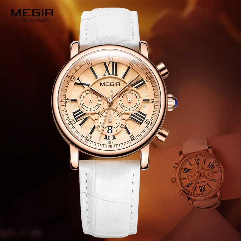 Megir Woman's Chronograph Quartz Watch with 24 Hours and Calendar Display White Leather Strap Wrist Stopwatches for Ladies 2058L - bertofonsi