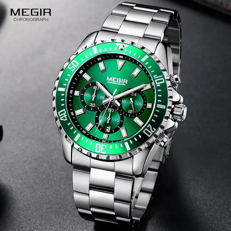 MEGIR Men's Chronograph Quartz Watches Stainless Steel Waterproof Lumious Analogue 24-hour Wristwatch for Man Green Dial 2064G-9 - bertofonsi