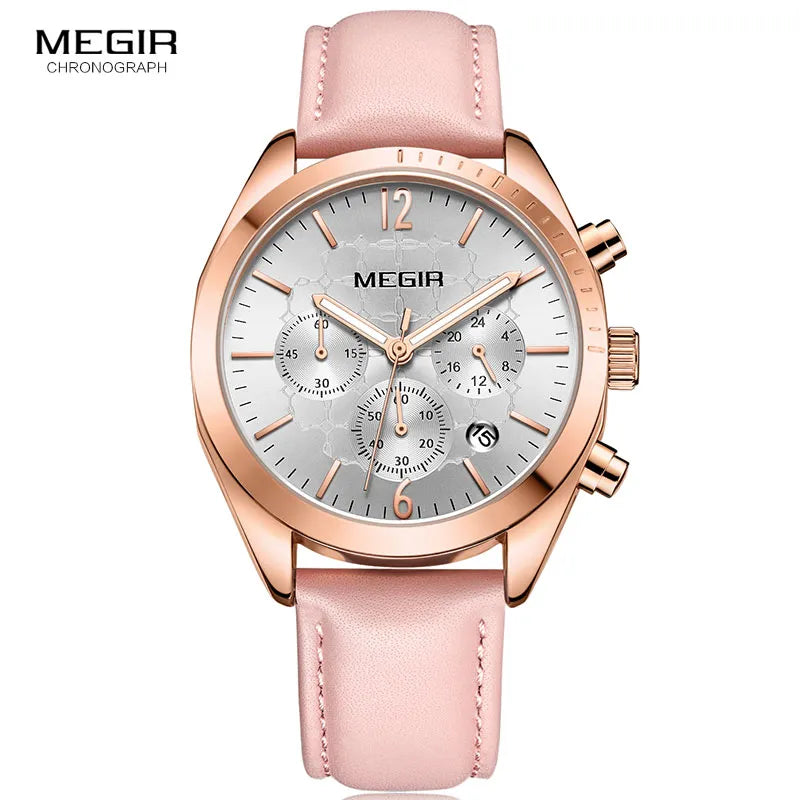 Megir Women's Leather Quartz Watches Chronograph Clock 24 Hours Waterproof Wristwatch for Lady Girl Relogios Femininos 2115 Pink - bertofonsi