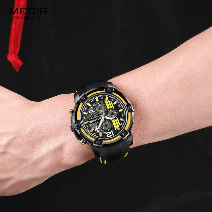 Megir Men's Black Silicone Strap Quartz Watches Chronograph Sports Wristwatch for Man 3atm Waterproof Luminous Hands 2097 Yellow - bertofonsi