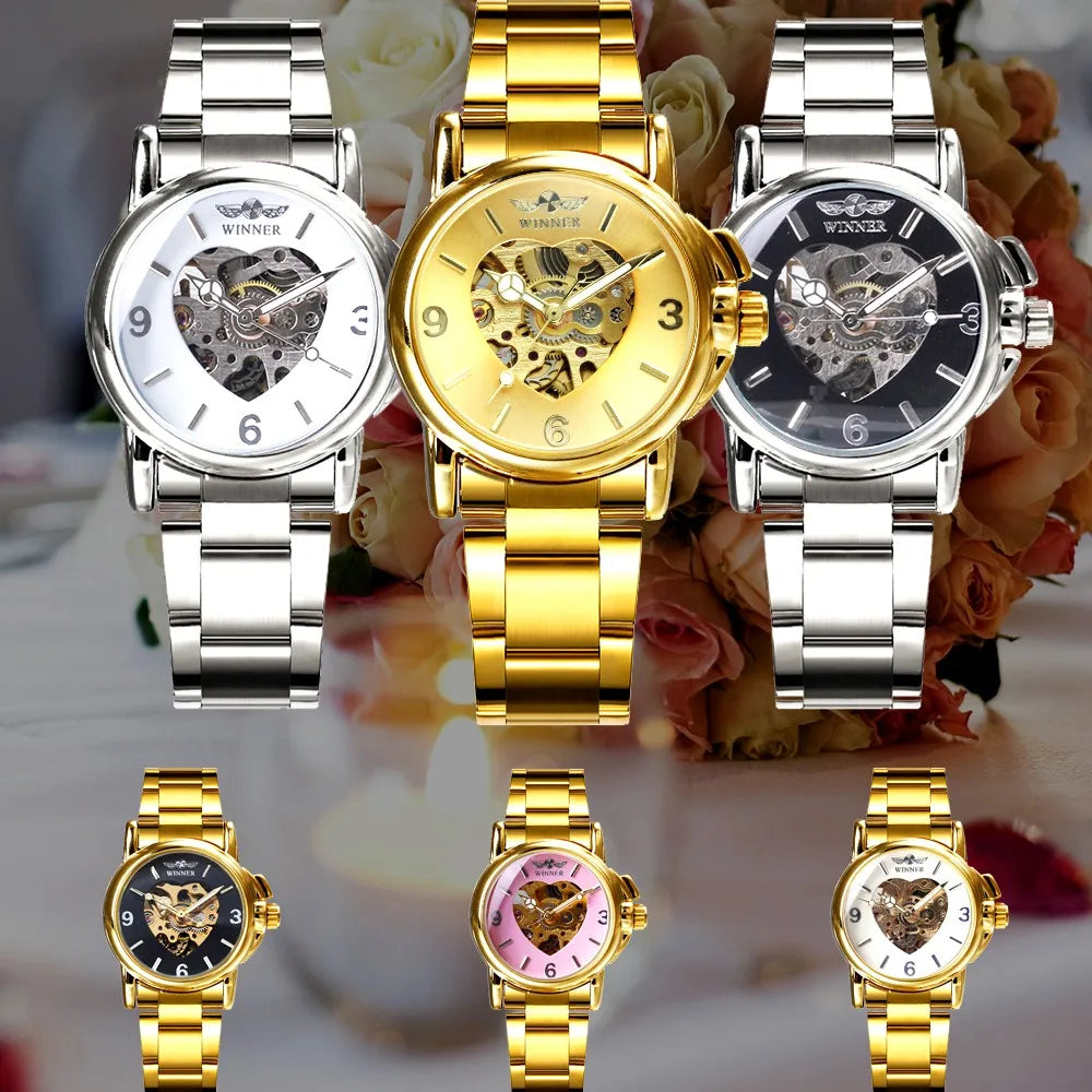 WINNER Watches Women Fashion Watch 2020 Automatic Mechanical Golden Heart Skeleton Dial Stainless Steel Band Elegant Lady Watch - bertofonsi