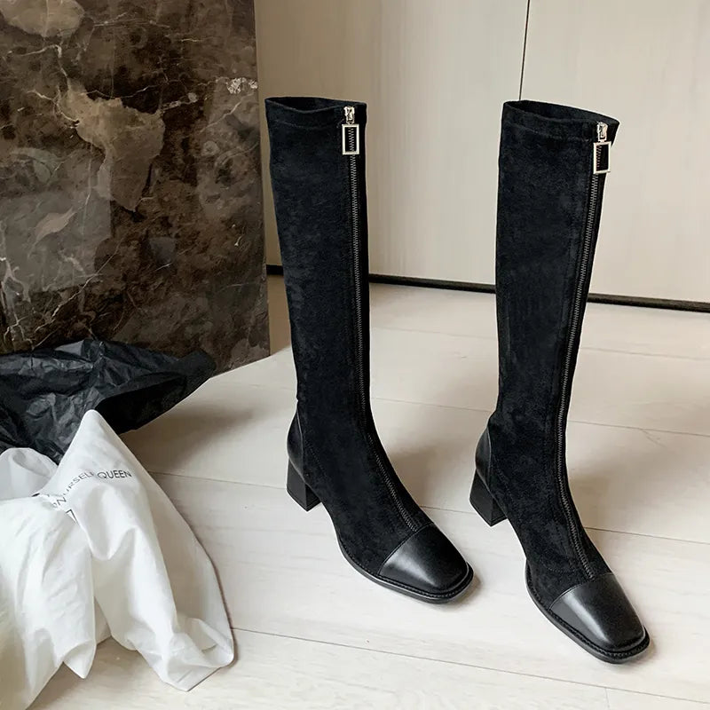 Sexy Retro Genuine Leather ladies Knee high Boots Thick high Heels zippers women boots Winter Newest Party Dancing Shoes Woman - bertofonsi