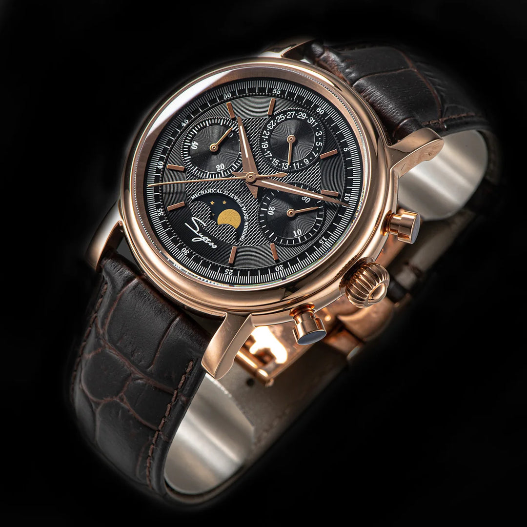 Sugess Mechanical Watch ST1908 Chronograph Wristwatches Moonphase Movement Waterproof Watch Sapphire Calendar Vintage BK Dial - bertofonsi