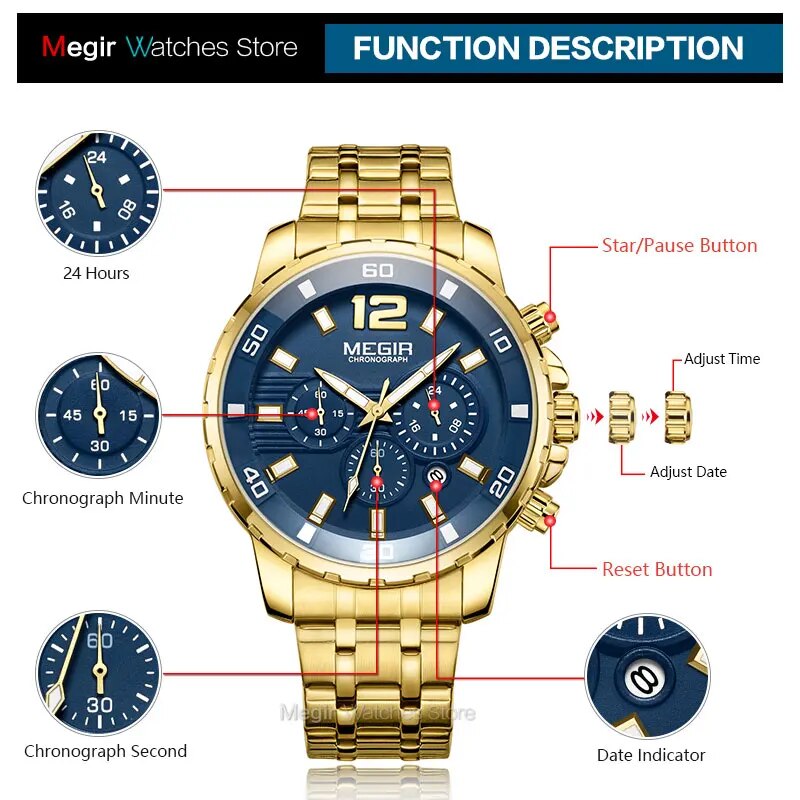Megir Men's Gold Stainless Steel Quartz Watches Business Chronograph Analgue Wristwatch for Man Waterproof Luminous 2068GGD-2N3 - bertofonsi