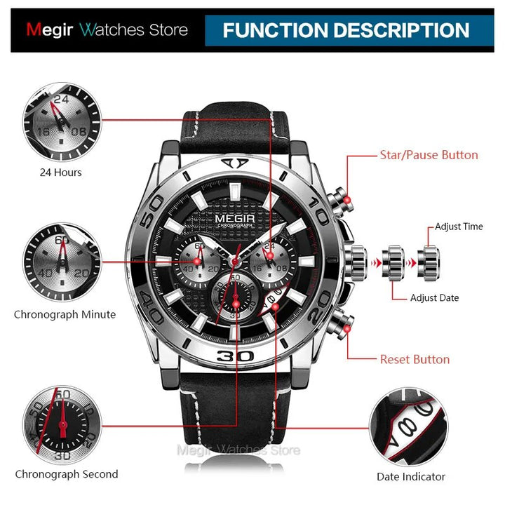 MEGIR Men's Army Sports Chronograph Quartz Watches Leather Strap Luminous Waterproof Wristwatch Man Relogios Clock 2094 Silver - bertofonsi