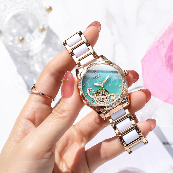 2023 New Designer Mechanical Watches Women Luxury Top Brand Ceramic Stainless Steel Diamond Music Ladies Automatic Wristwatches - bertofonsi