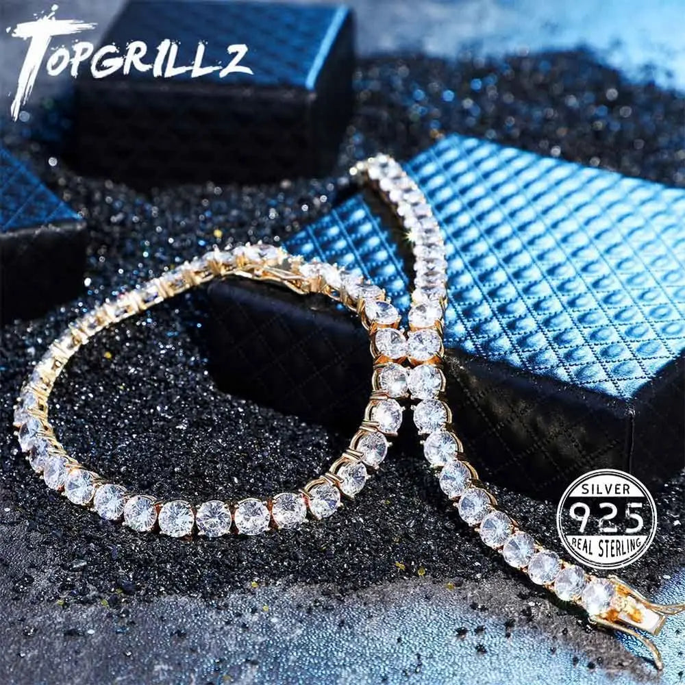 TOPGRILLZ Iced Zircon 3-6MM Tennis Chain Men's Hip hop Jewelry 925 Sterling Silver Gold Lobster Clasp CZ Bracelet Link 7 8 inch - bertofonsi