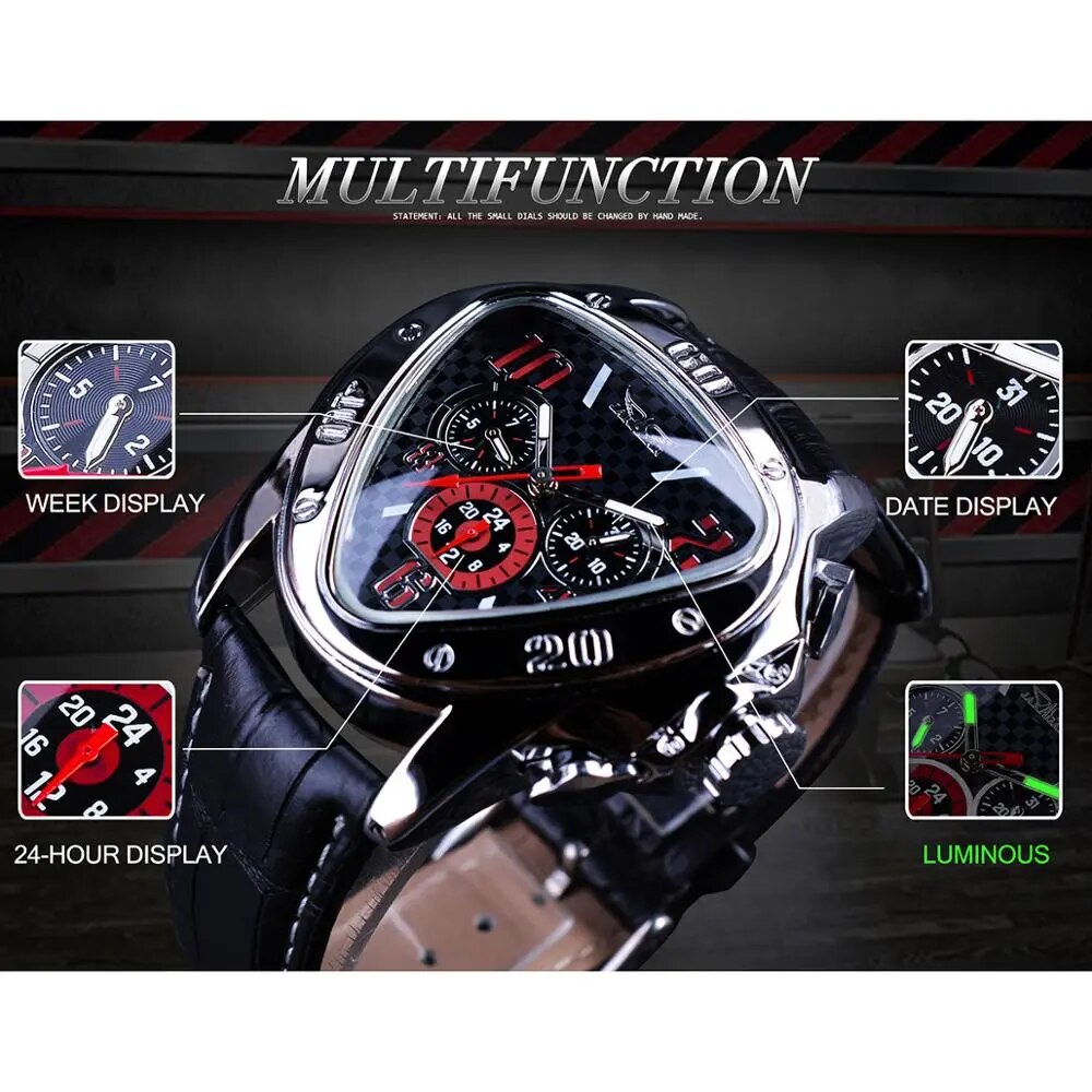 Jaragar Sport Racing Design Geometric Triangle Pilot Genuine Leather Men Mechanical Watch Top Brand Luxury Automatic Wrist Watch - bertofonsi