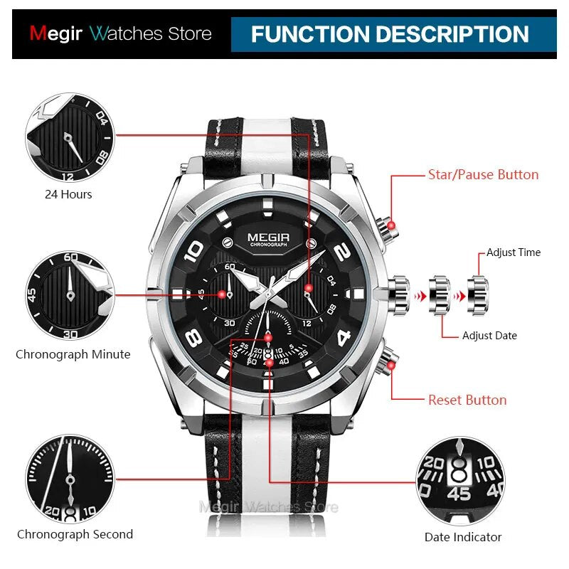 MEGIR Fashion Men's Chronograph Quartz Watches Leather Strap Luminous Hands 24-hour Sports Analogue Wristwatch for Man 2076White - bertofonsi