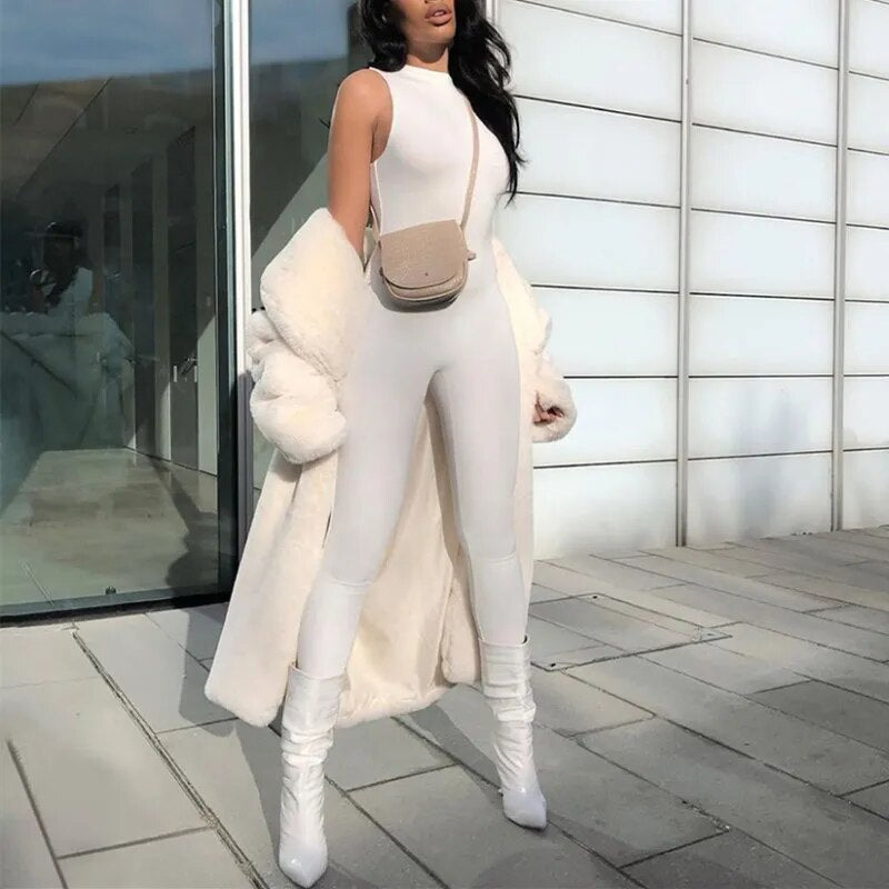 White Elegance Jumpsuit Elastic Hight Casual Fitness Rompers Sleeveless Zipper Bodysuit Summer Bodycon Overalls For Women 2021 - bertofonsi