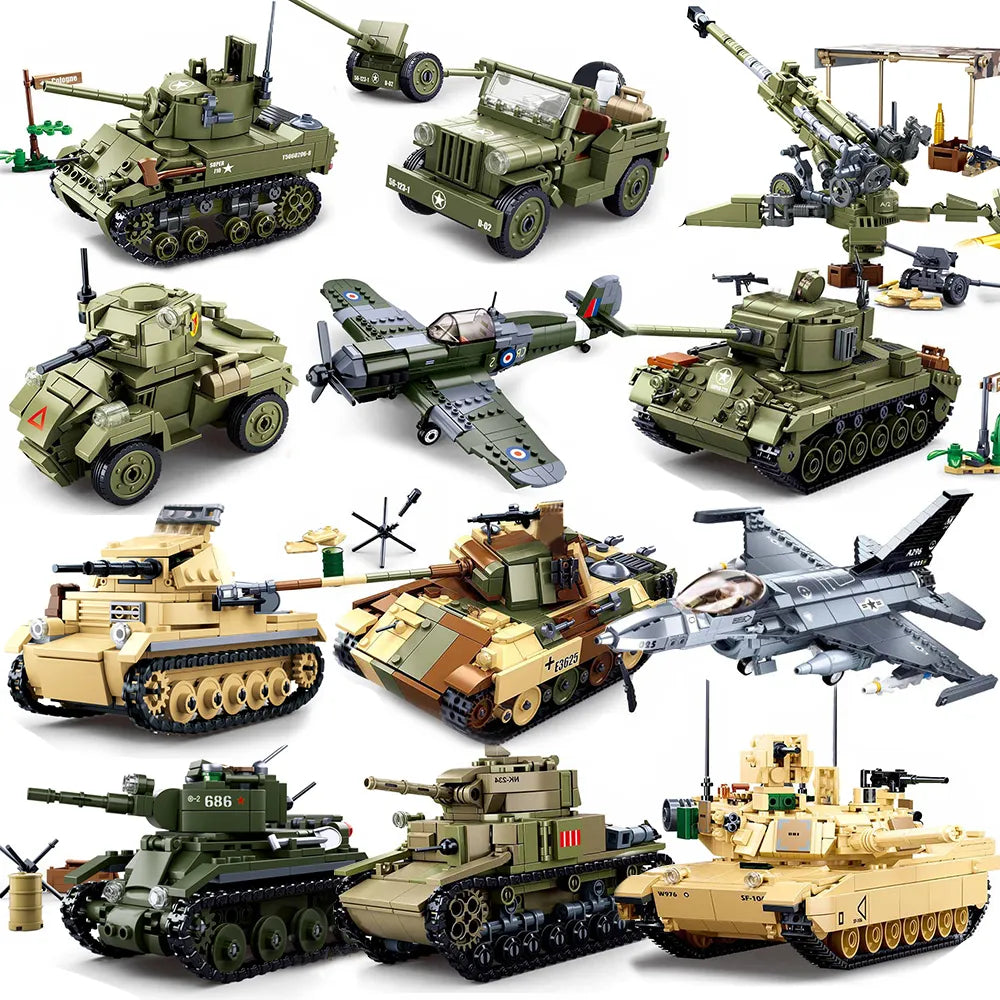 Airplane Plane Bomber Model Construction Toys Military Panzer Tank WW2 Aircraft Army Truck Armored Car Building Blocks For Kids - bertofonsi