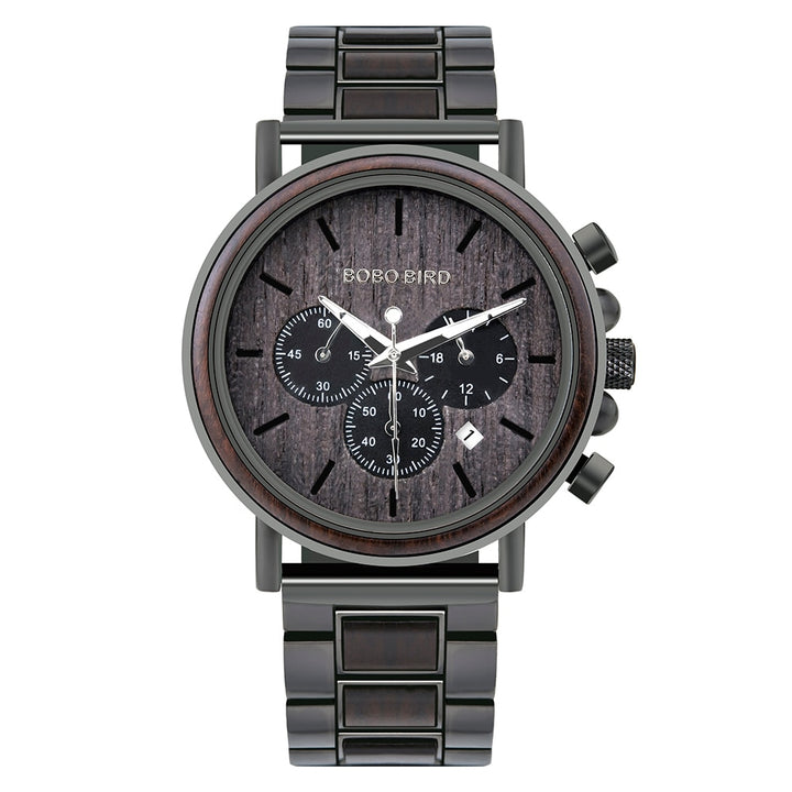 BOBO BIRD Wooden Stainless Steel Watch Men Water Resistant Timepieces Chronograph Quartz Watches relogio masculino Men's Gifts - bertofonsi