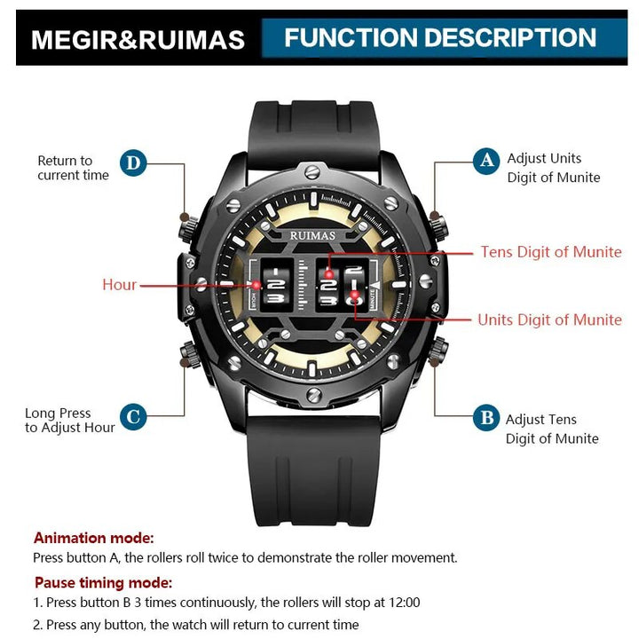 MEGIR & RUIMAS Military Sport Watches Men Roller Quartz Watch Luxury Waterproof Silicone Strap Wristwatch Man Relogio Mascilino - bertofonsi