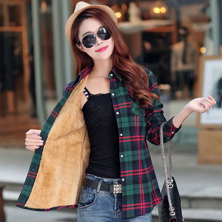2021 Winter New Hot Sale Women Plus Velvet Thicke Warm Plaid Shirt Style Coat Jacket Woman Casual Tops Clothes Lady Outerwear - bertofonsi