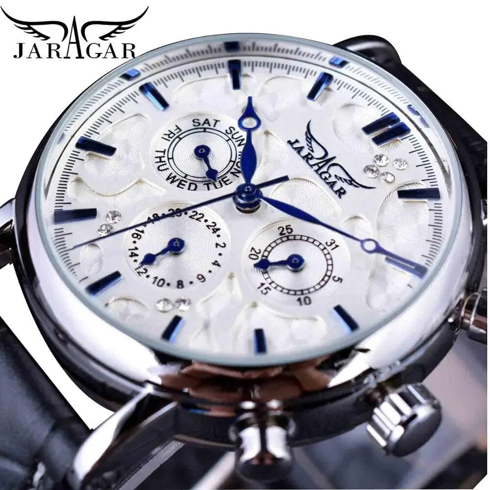 Jaragar Brand Men Automatic Self Wind Mechanical Watch White 3 Dials Calendar Blue Hands Simple Business Leather Band Wristwatch - bertofonsi