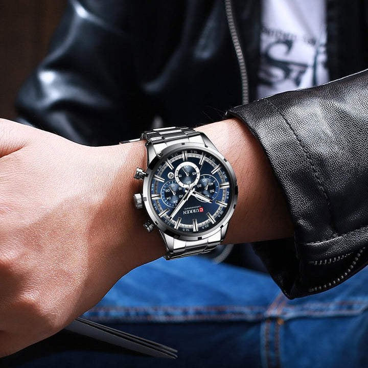 CURREN Top Brand Military Quartz Watches Silver Blue Mens Stainless Steel Chronograph Wristwatch for Male Casual Sporty Clocks - bertofonsi