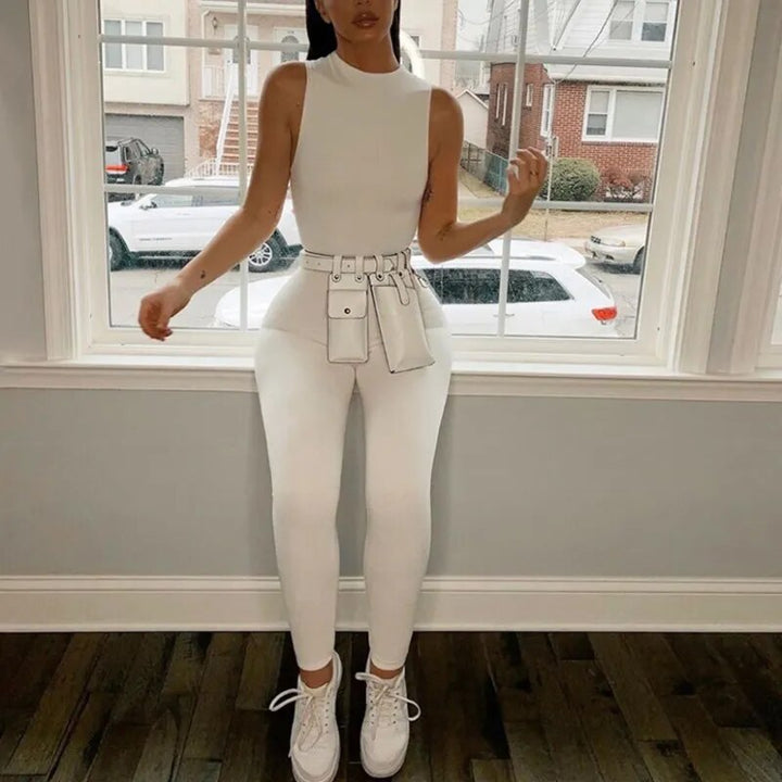 White Elegance Jumpsuit Elastic Hight Casual Fitness Rompers Sleeveless Zipper Bodysuit Summer Bodycon Overalls For Women 2021 - bertofonsi